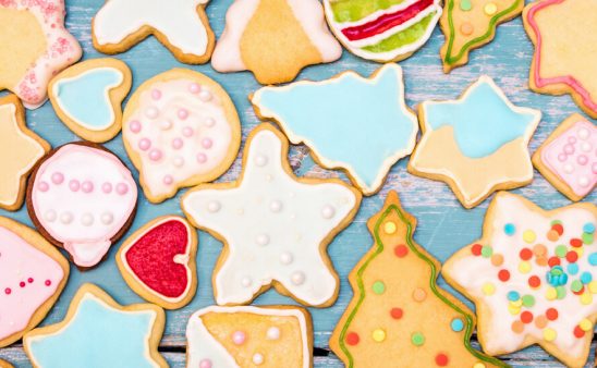 Christmas cookies on a table.