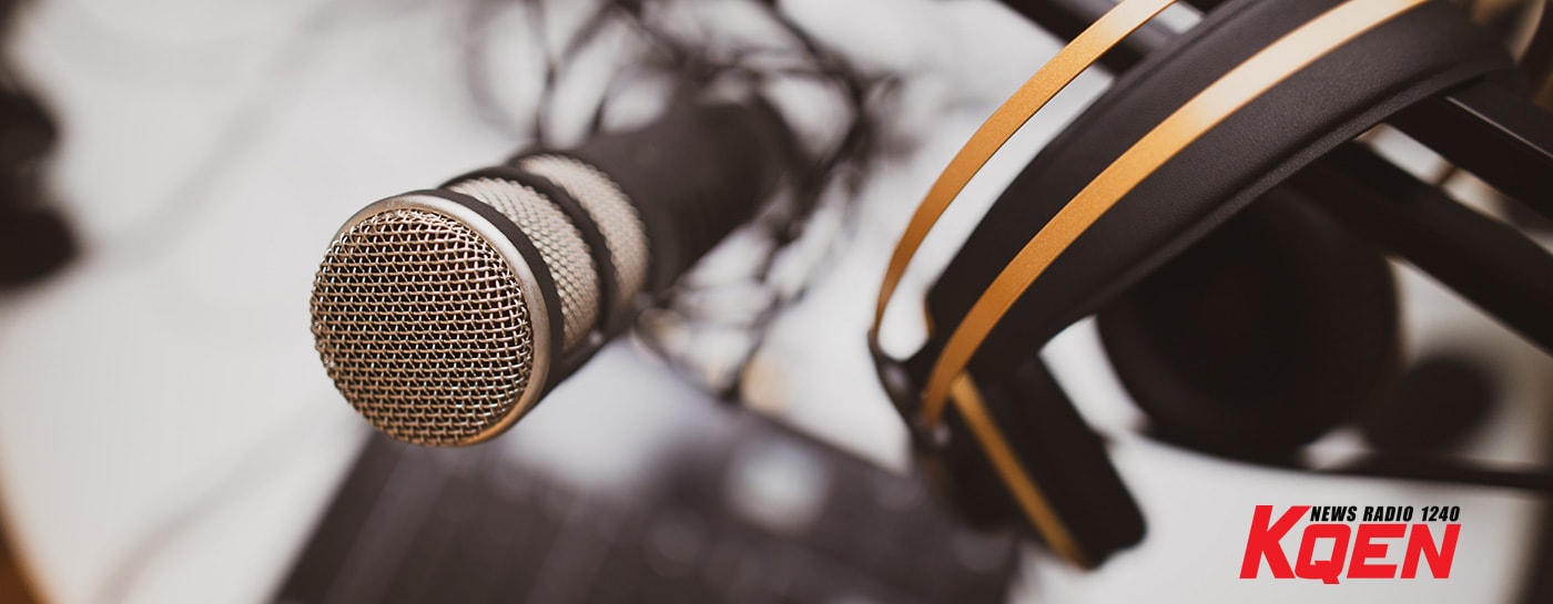 podcast - photo of microphone with KQEN logo